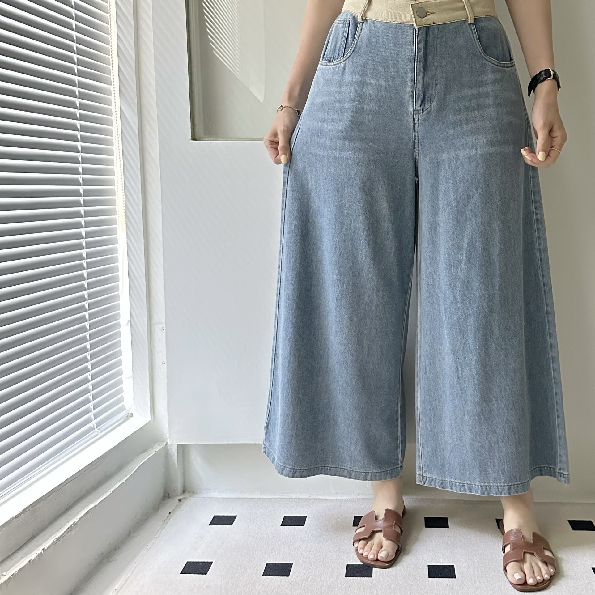 【BONNIE】拼色腰牛仔闊褲