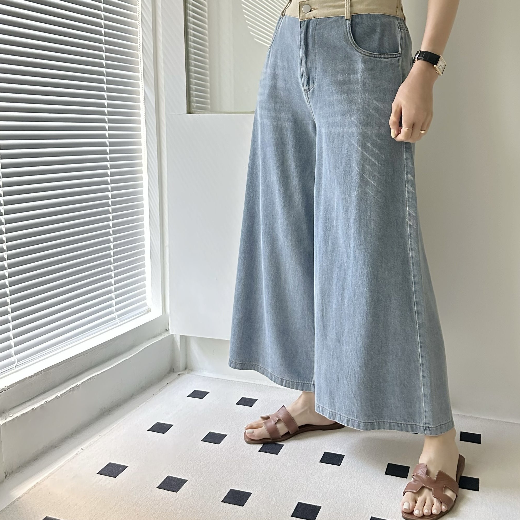 【BONNIE】拼色腰牛仔闊褲