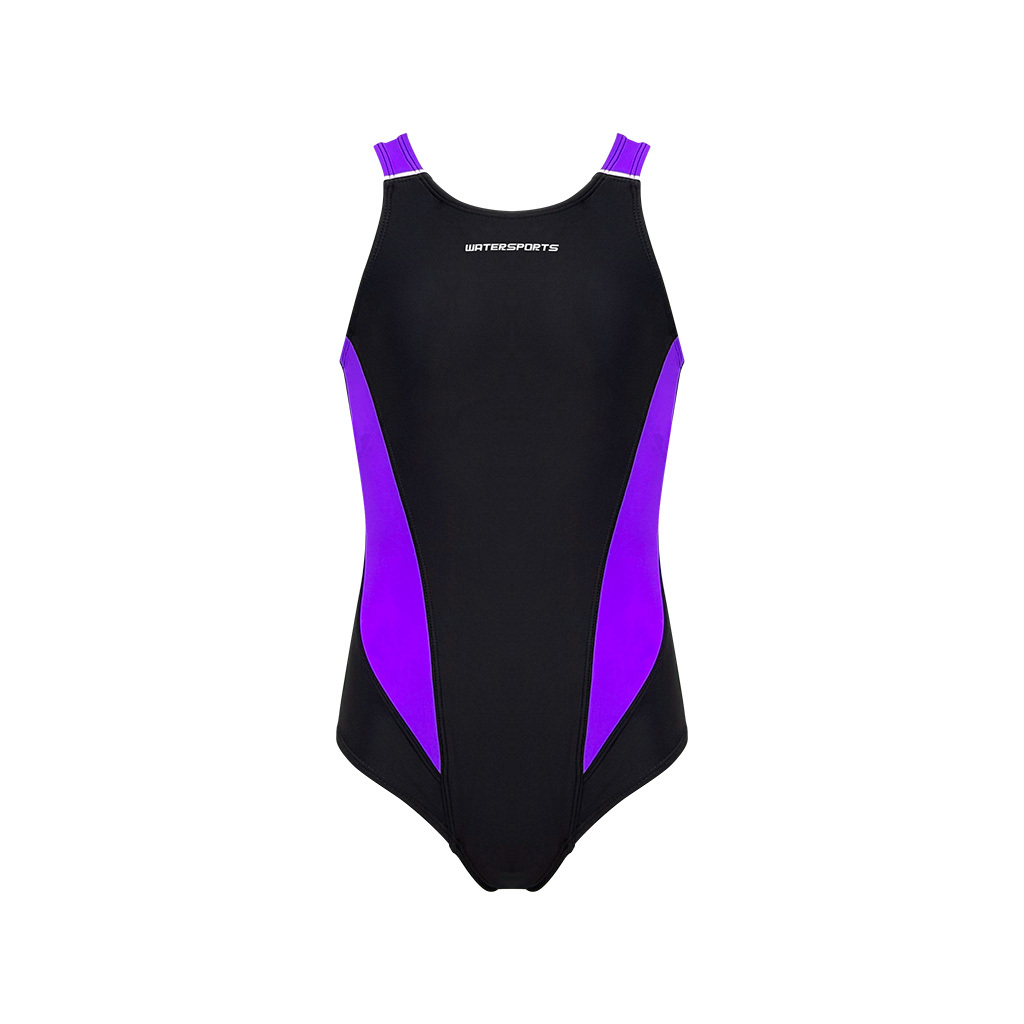 女童 Modest X背帶連體泳衣 - 黑/紫