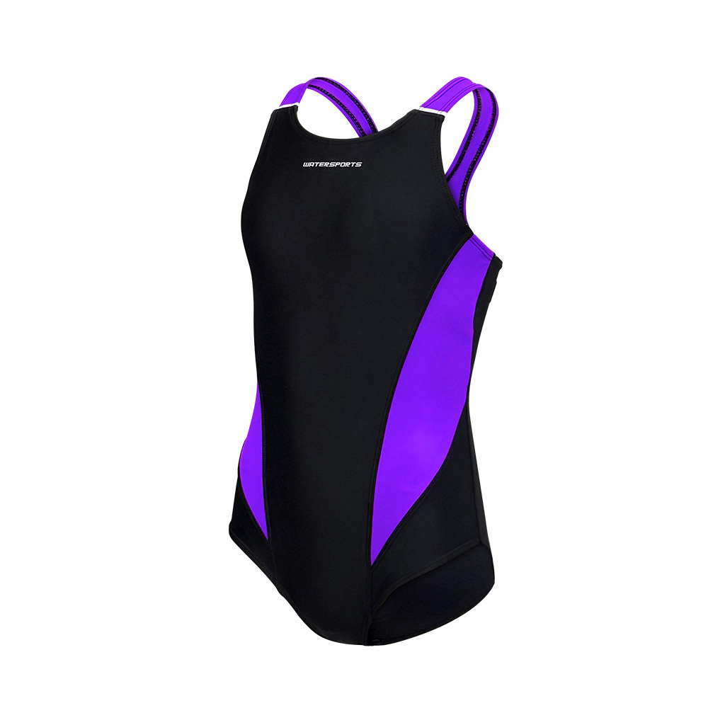 女童 Modest X背帶連體泳衣 - 黑/紫