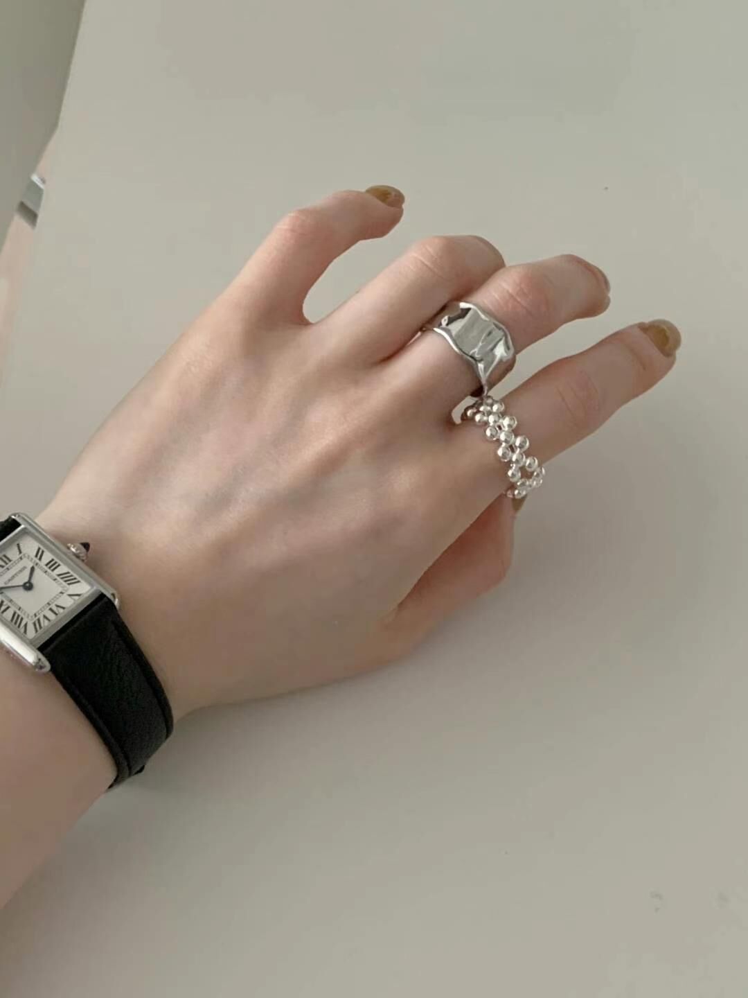 簡約小銀球串戒指/不規則紋理感戒指SET