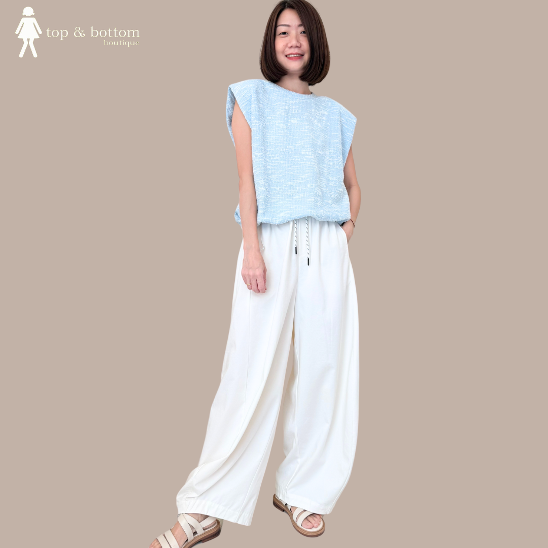 V SLEEVE PADDED SHOULDER BLOUSE WITH TIE-STRING HEM