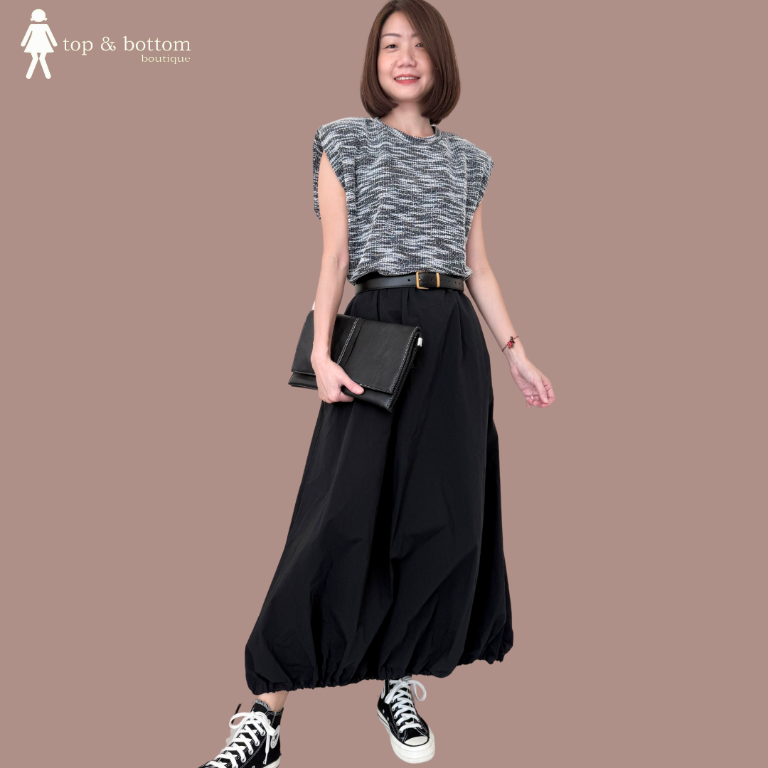 V SLEEVE PADDED SHOULDER BLOUSE WITH TIE-STRING HEM