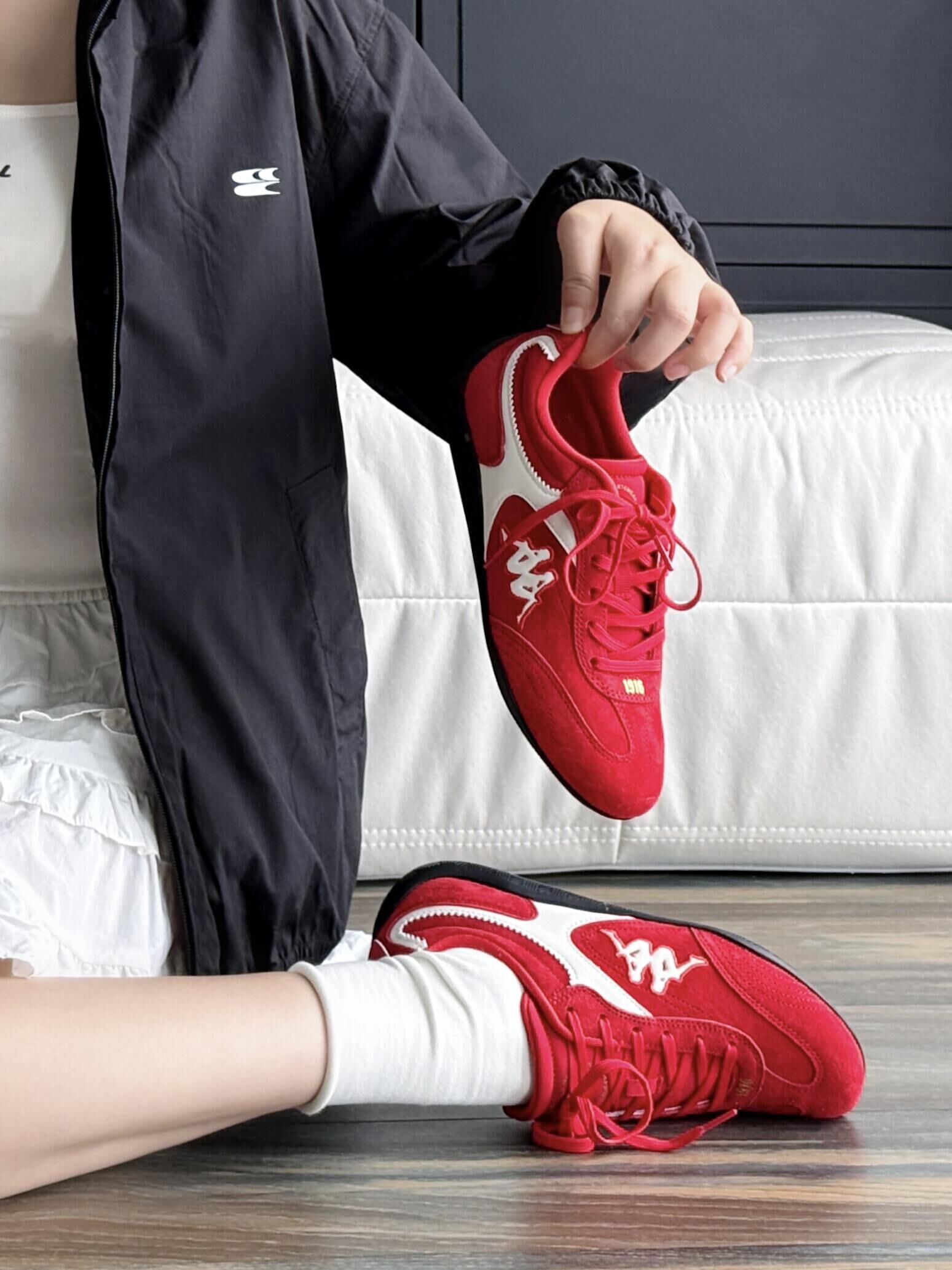 KAPPA 卡帕 背靠背 賽車鞋 麂皮 鋸齒造型 外縫線 休閒鞋 紅色 紅白色/預購