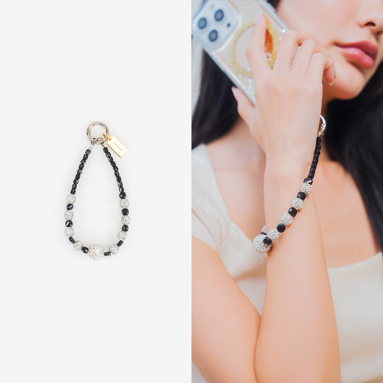 氣質冰塊水晶鑽 (黑色) 串珠手腕繩 短掛繩  串珠掛繩 手機掛繩