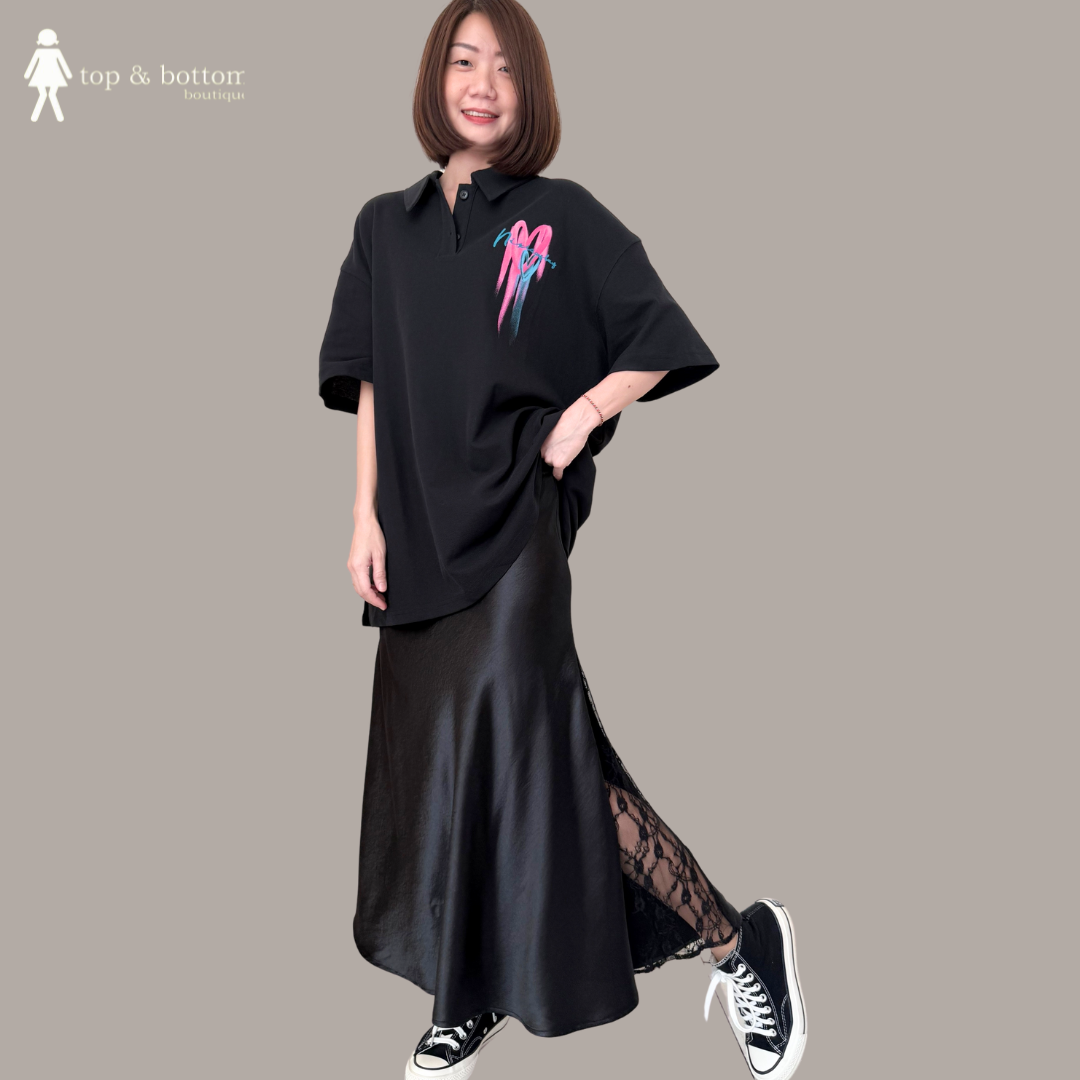 SATIN HIGH WAISTED LACE SIDE LONG SKIRT