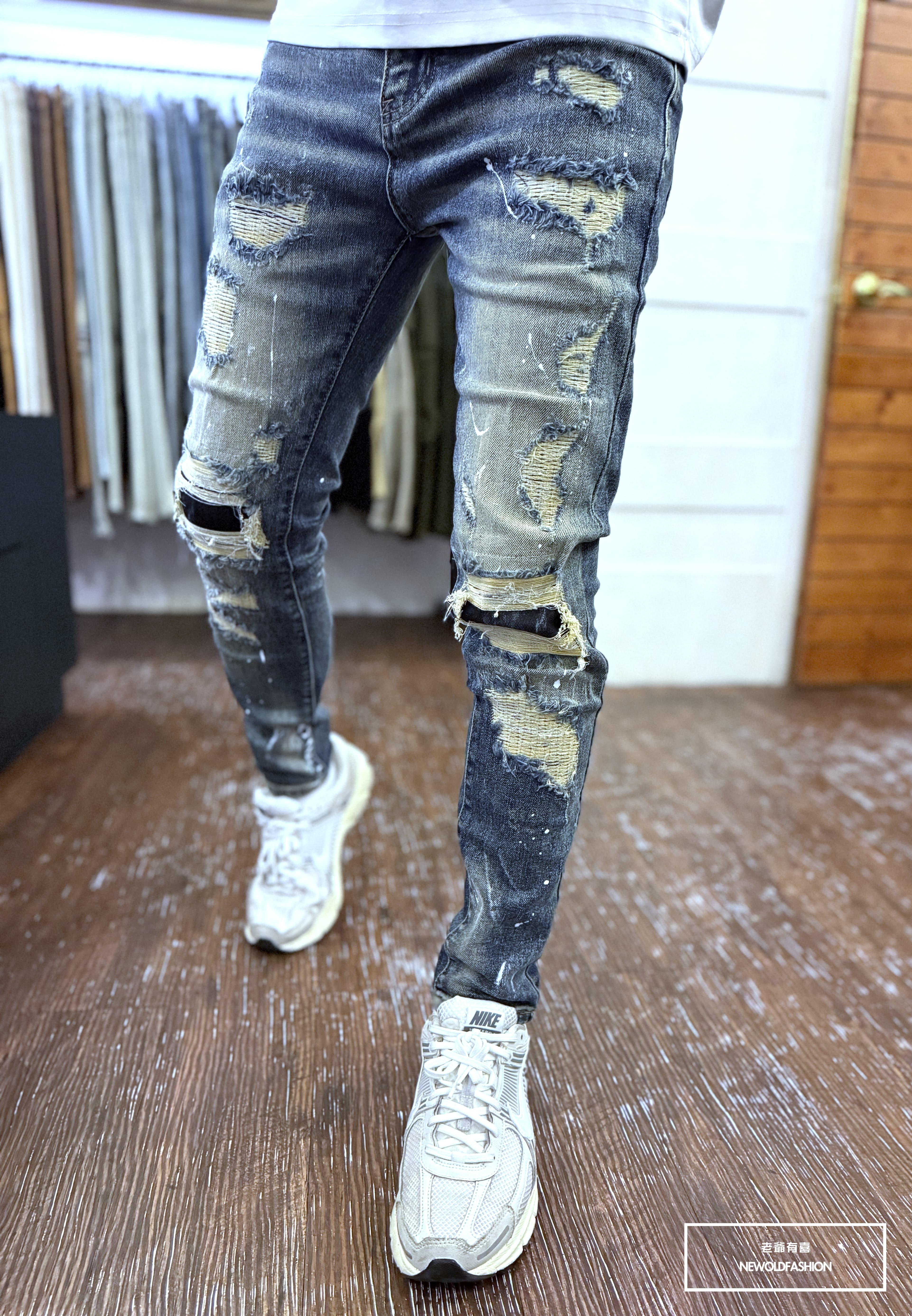 『新品上市』重磅噴墨車縫破壞補丁小直筒褲(NOF25071019)