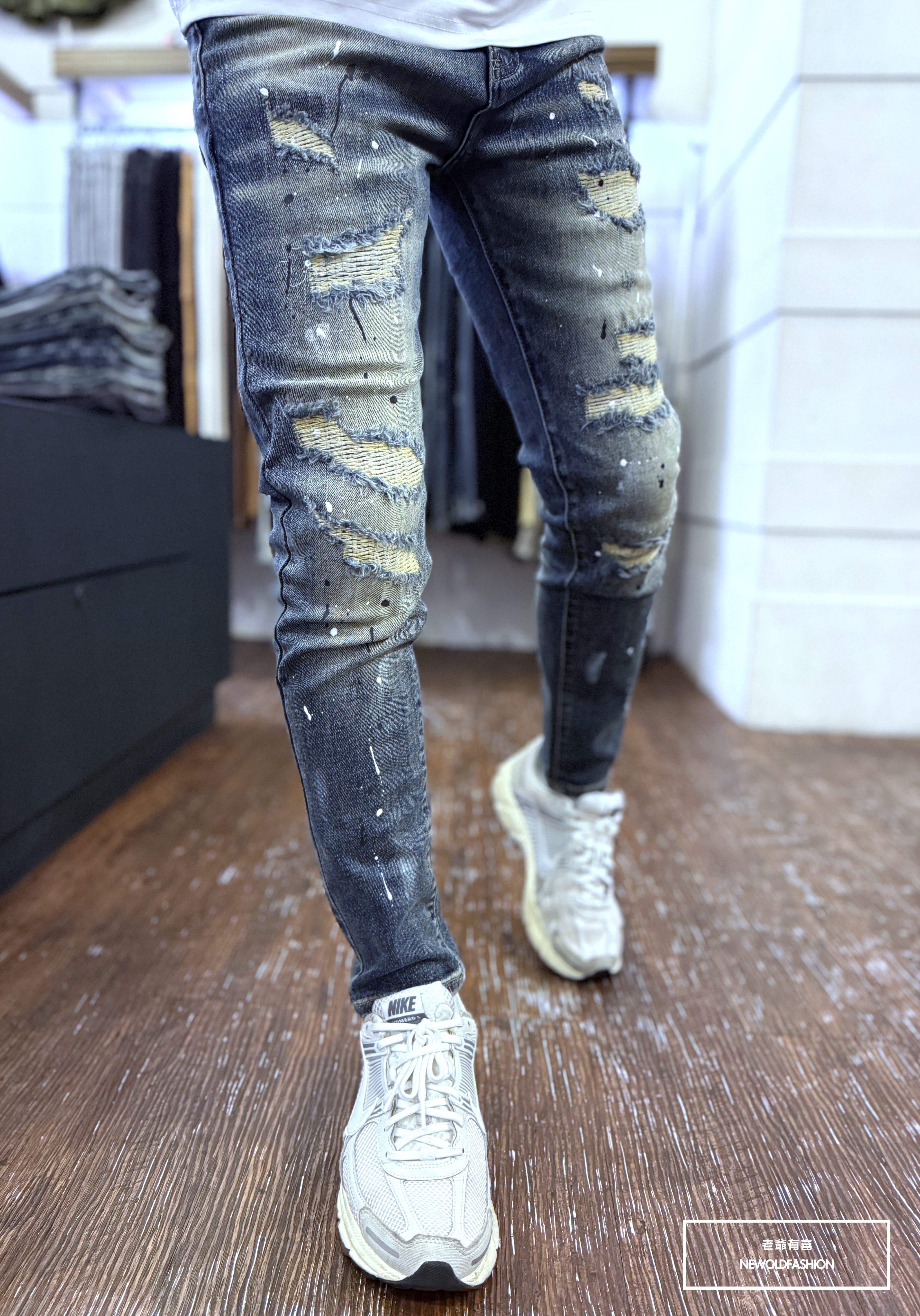 『官網限定』重磅多格破壞潑漆小直筒褲(NOF25071021)