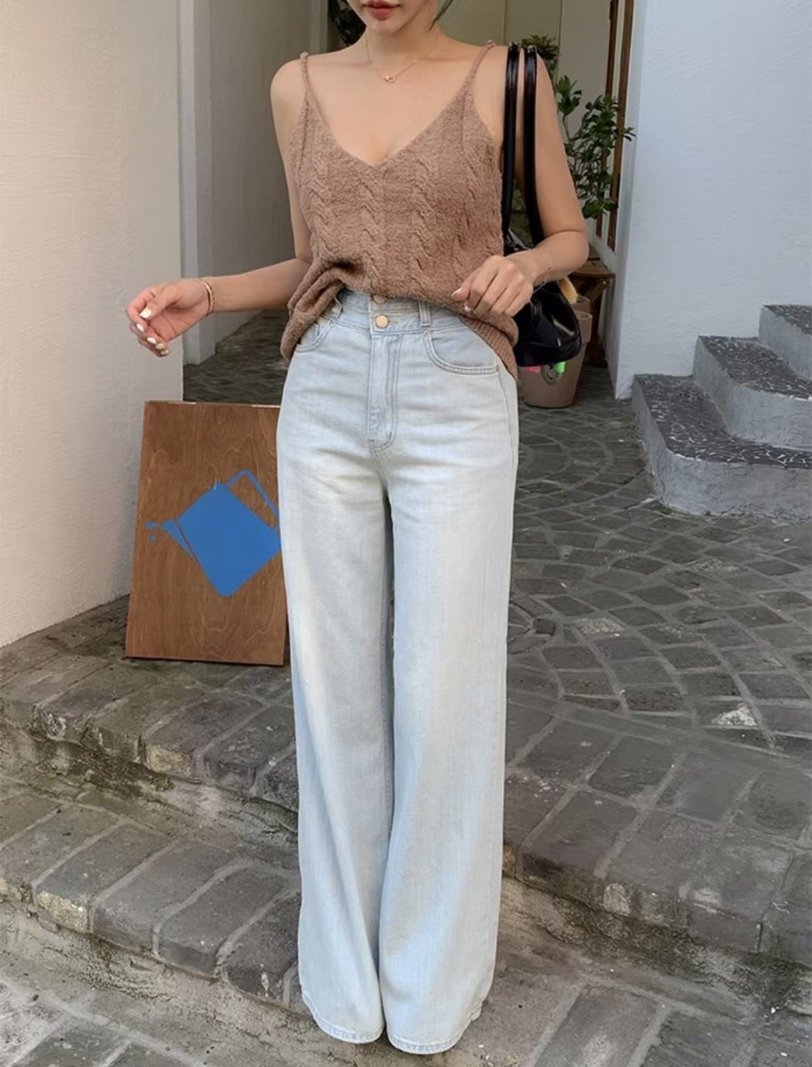 雙排扣薄款直筒長腿牛仔褲