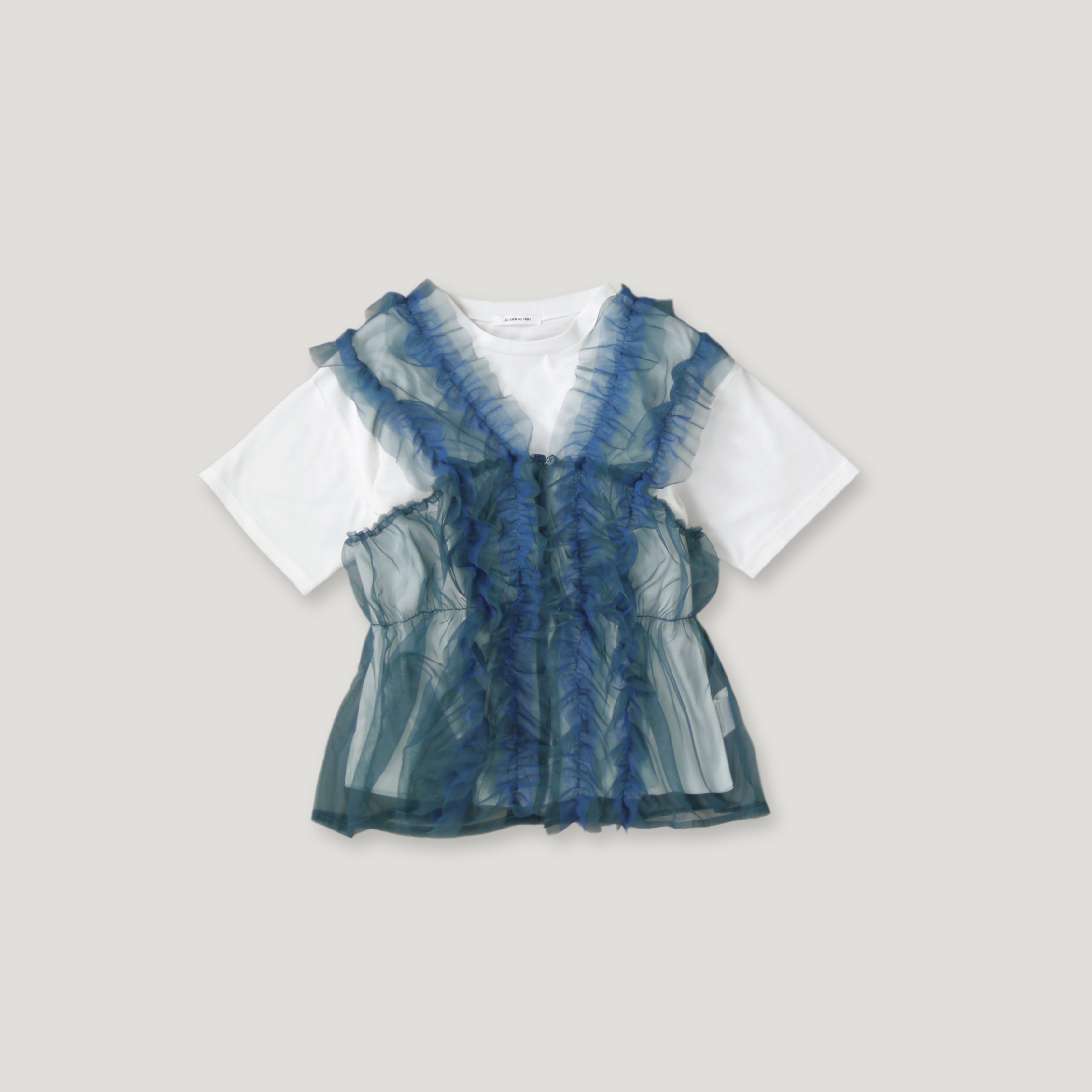 J.P.L. 圓領箱型上衣 ✕ 前釦雙色層疊透紗背心 ‹ Set › ╭ 3色 ╮