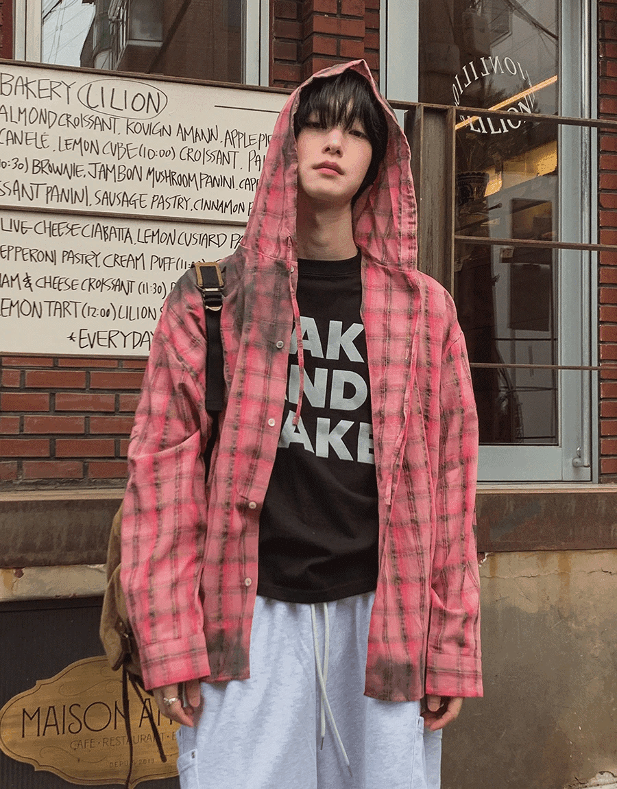 髒污連帽格紋襯衫