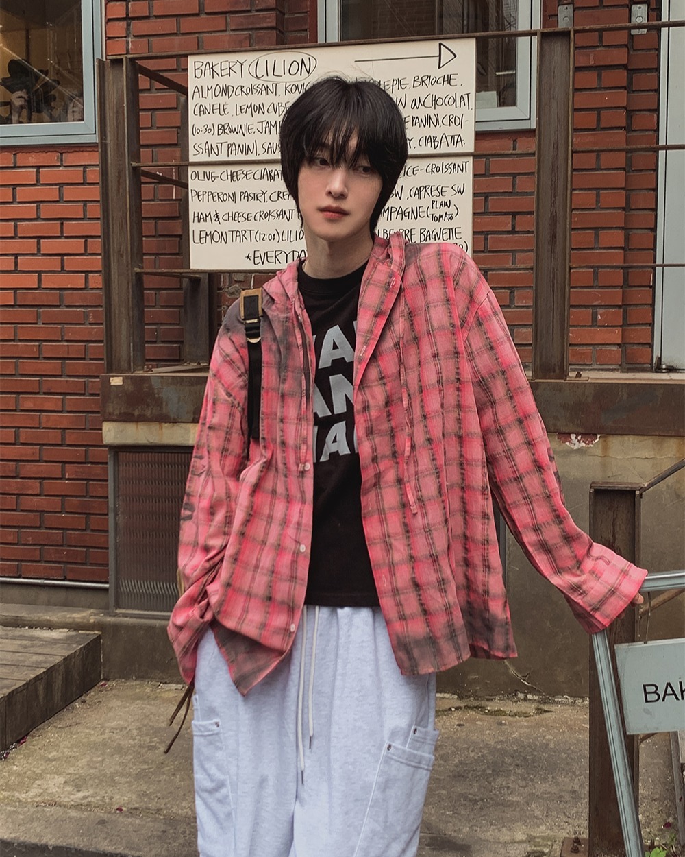 髒污連帽格紋襯衫