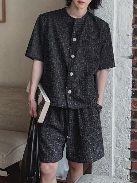 圓領暗紋短袖開胸外套 C_y-096JK