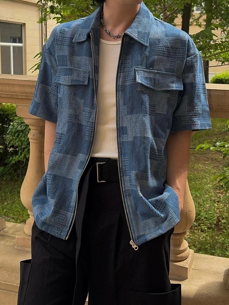 格紋拉鍊開胸短袖外套 C_y-112S