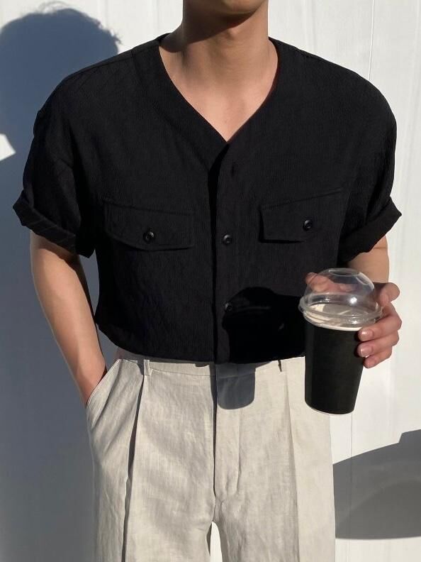 V領暗紋短袖恤衫 C_y-106S