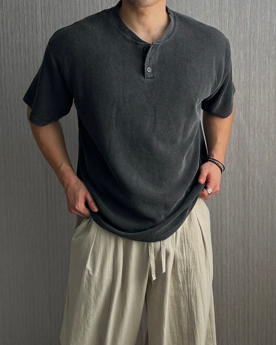 洗水淨色半開胸短袖Tee Lowell-070T