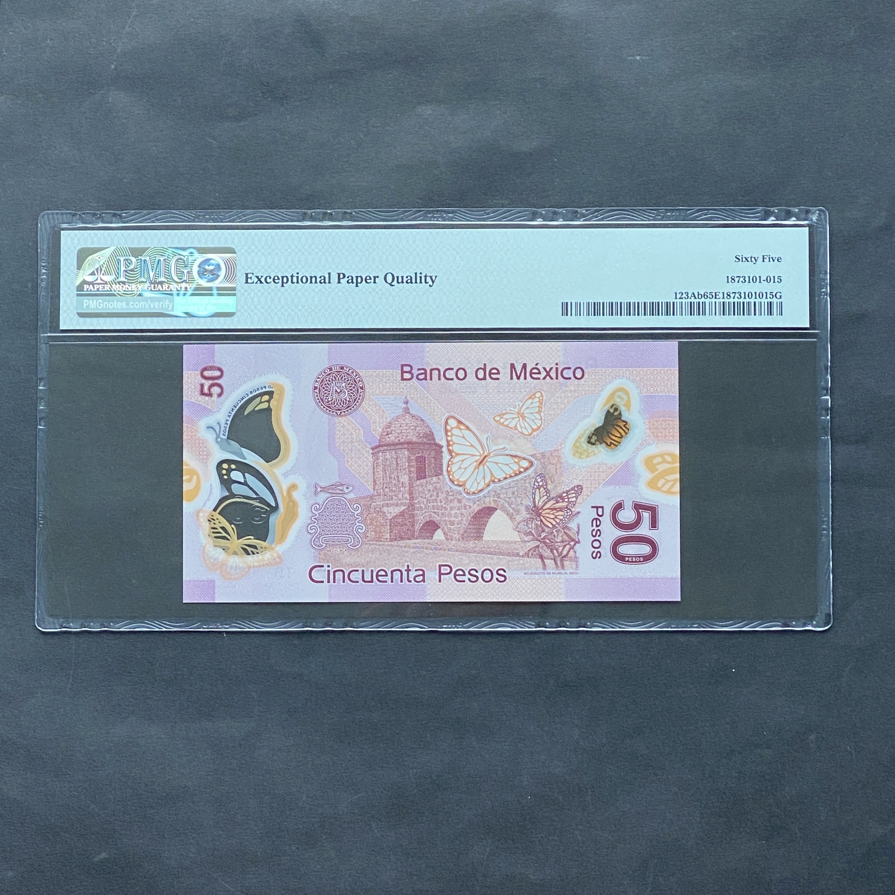 2012 Mexico Bank 50 Pesos (PMG 65) M6267999 Leopard Number