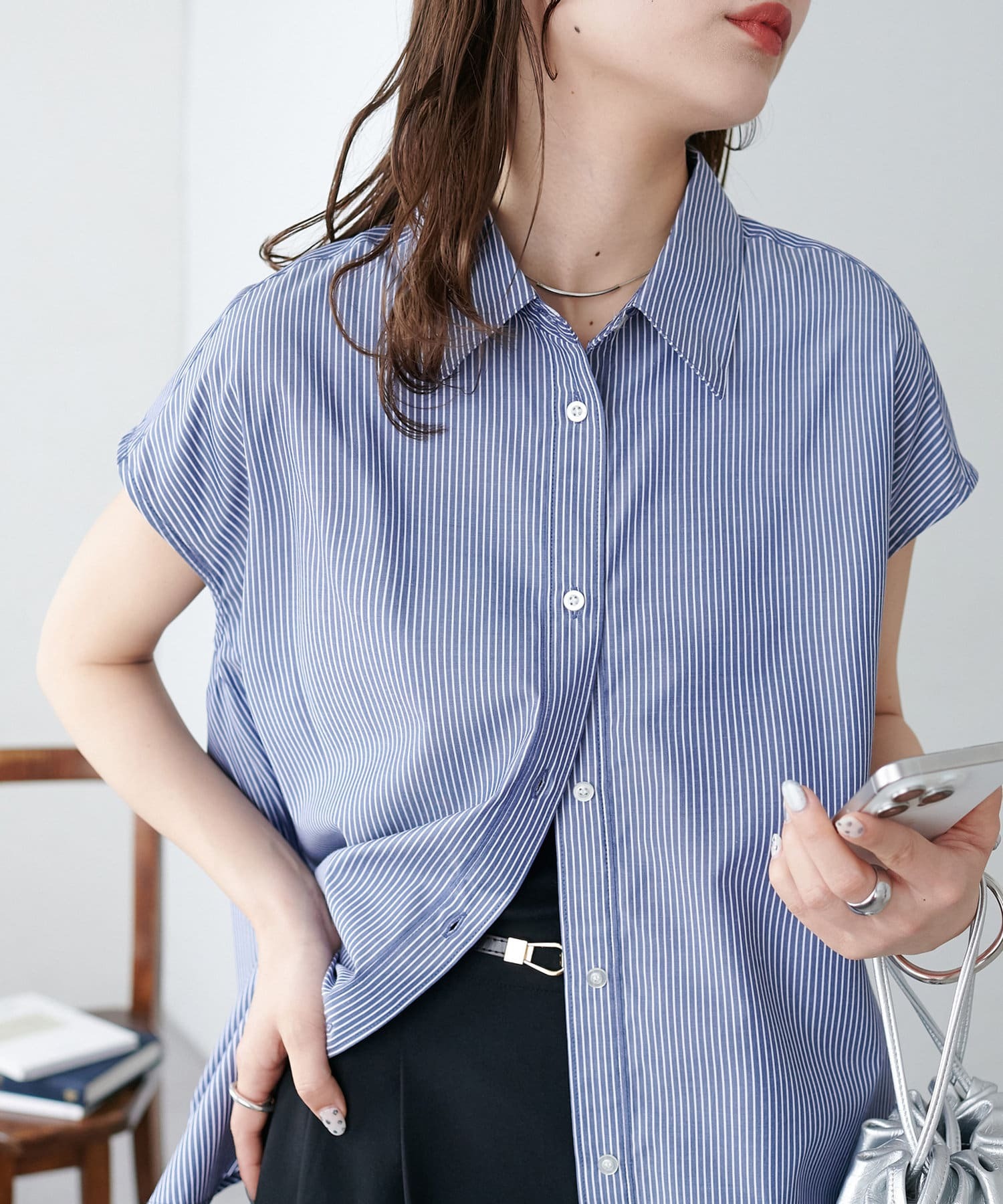 DISCOAT(ディスコート)  【WEB限定】衿付ストライプフレンチシャツ深藍條（DCZ1051304A0032）