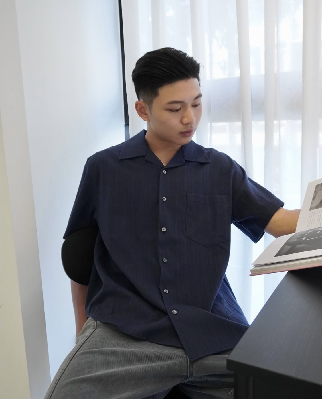 壓紋古巴領短袖襯衫