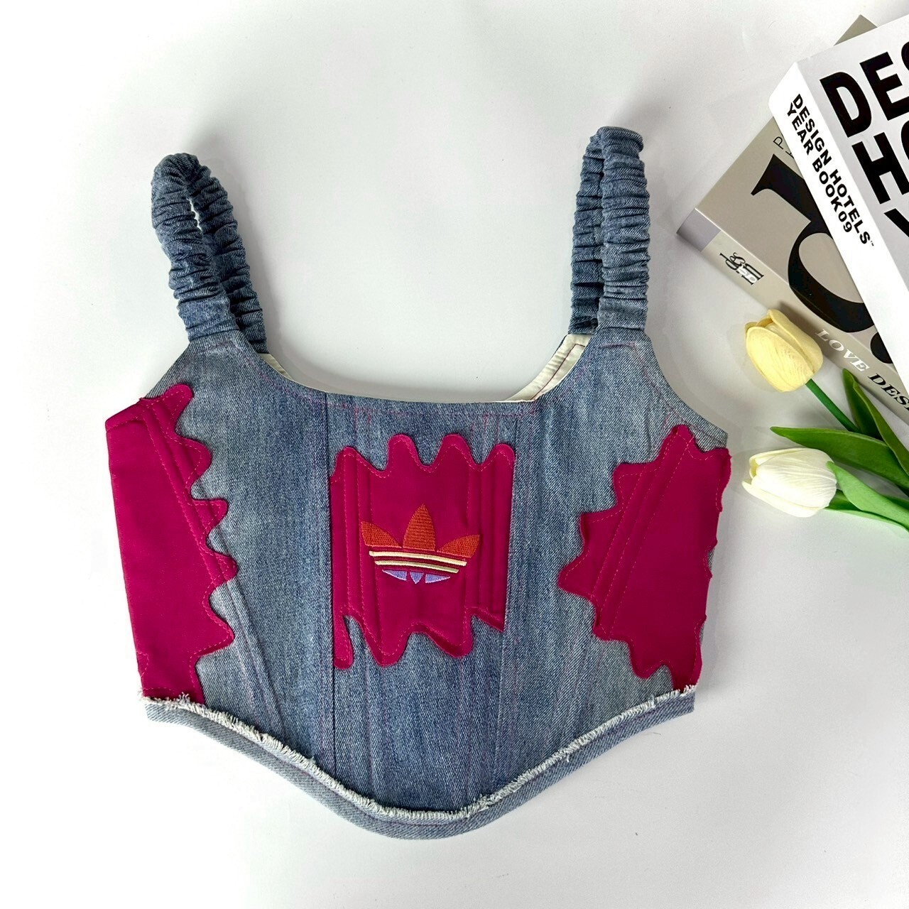 【現貨】JUST ME - 泰國Ramake 牛仔併桃紅彩色Logo爆炸併接馬甲 JMCT_033