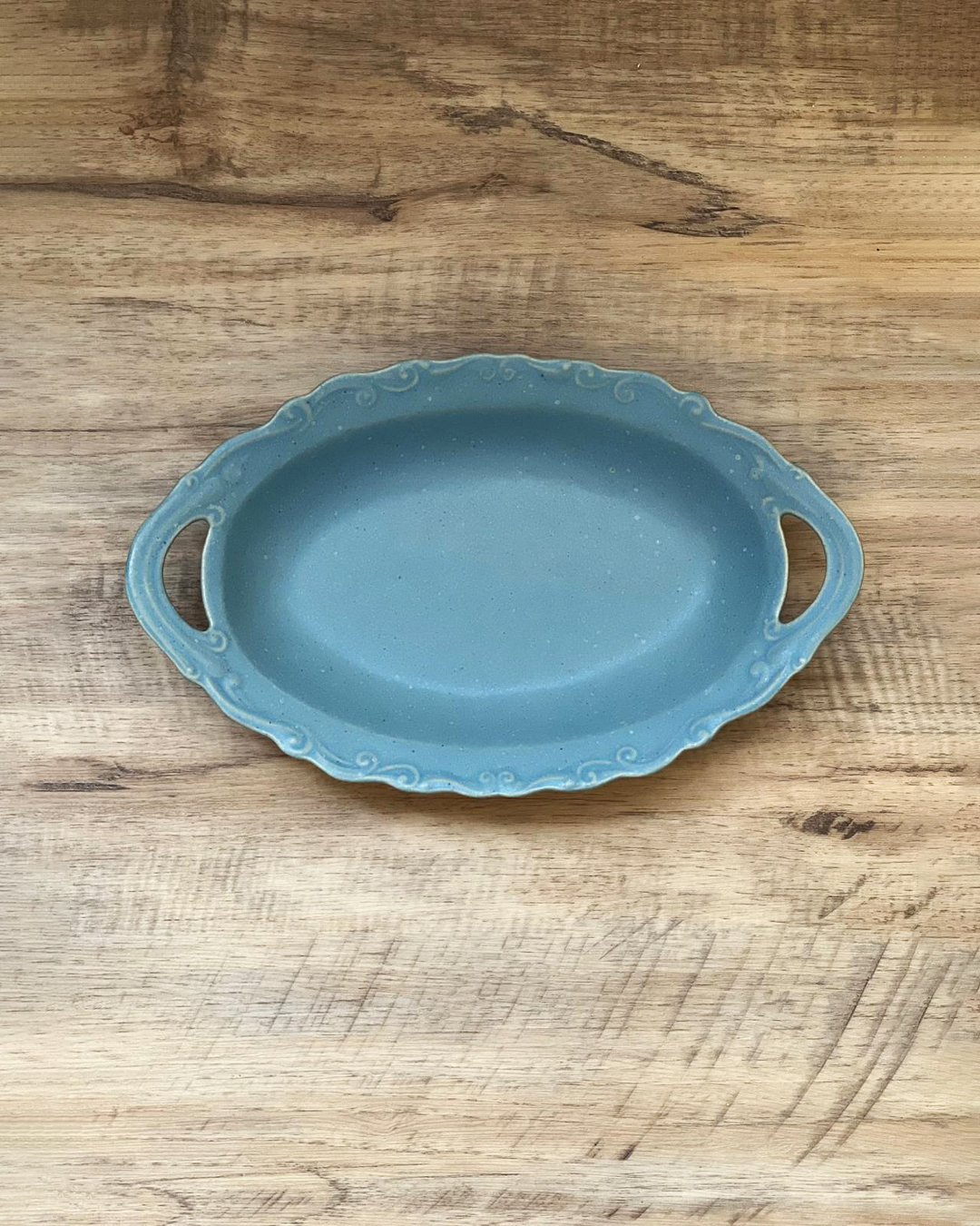 歐式復古 花邊浮雕橢圓盤 灰藍｜益子燒