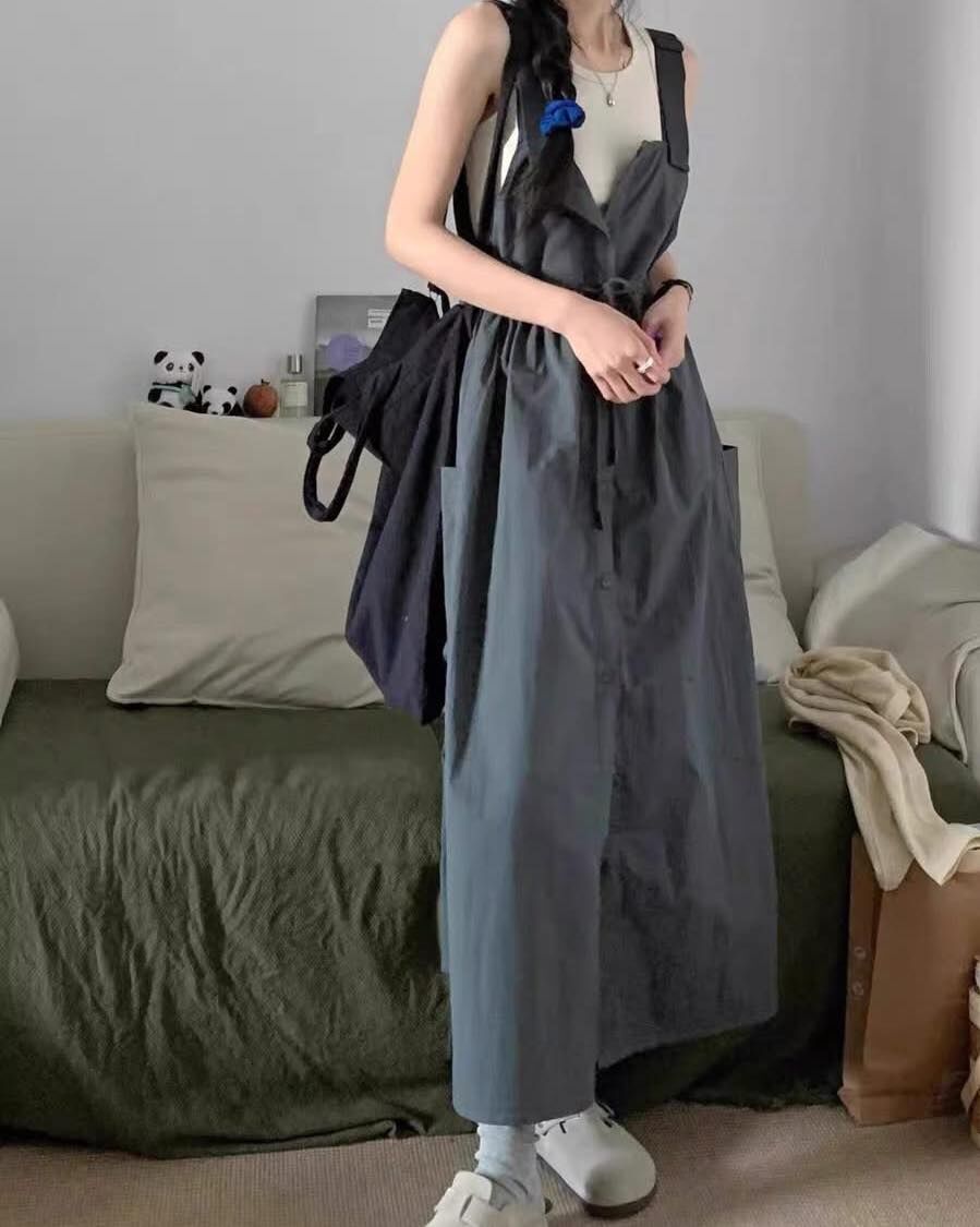 【簡約小文青的背心+寬帶排釦連身裙套裝組】（現貨）