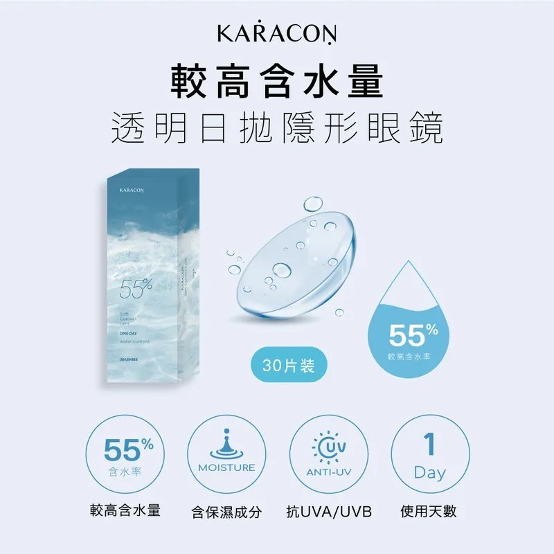 [高含水量] Karacon 55% 1 Day 透明日拋｜日拋透明隱形眼鏡｜每盒30片