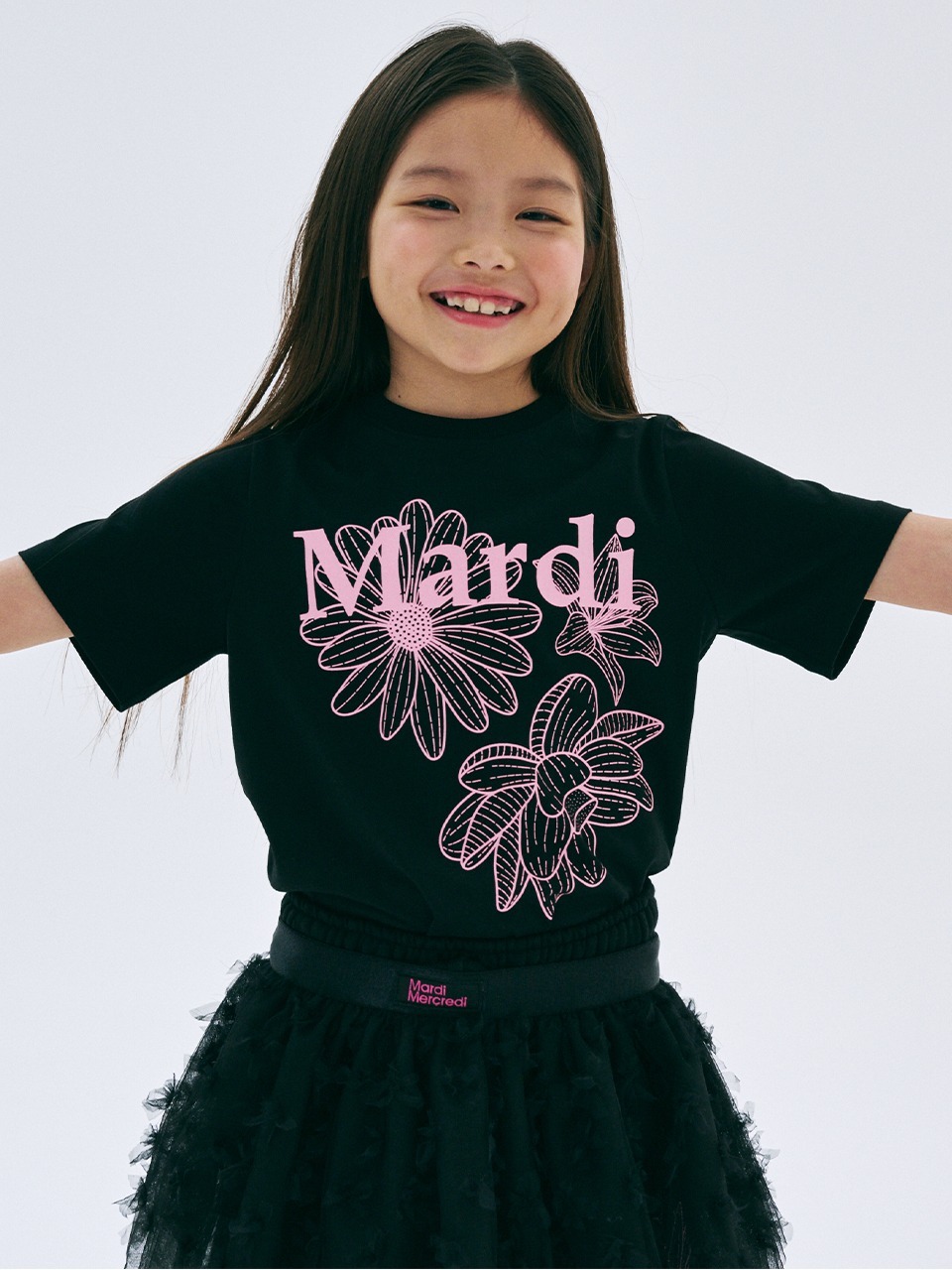 Mardi Mercredi KIDS TSHIRT TRIPLE FLOWER_BLACK PINK