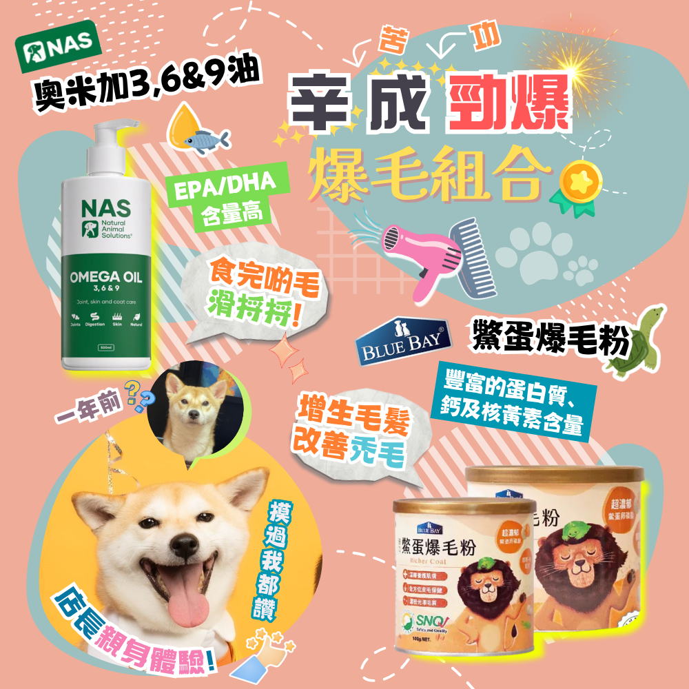 🌟店長爆毛孖寶🌟 Blue Bay 倍力鱉蛋爆毛粉 + NAS 犬用奧米加3，6&9 油 500ml