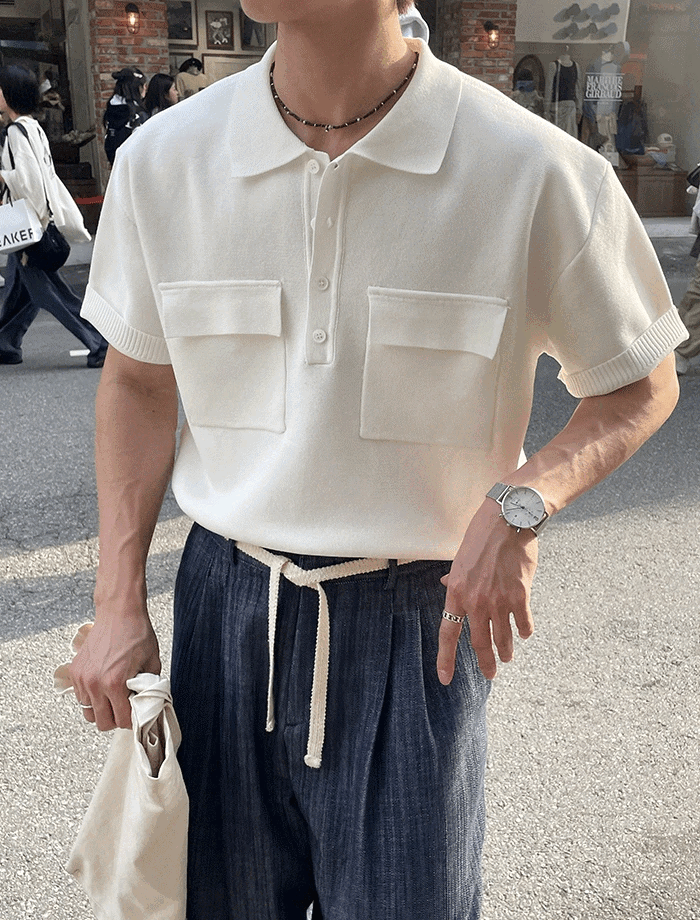 兩口袋翻領針織上衣