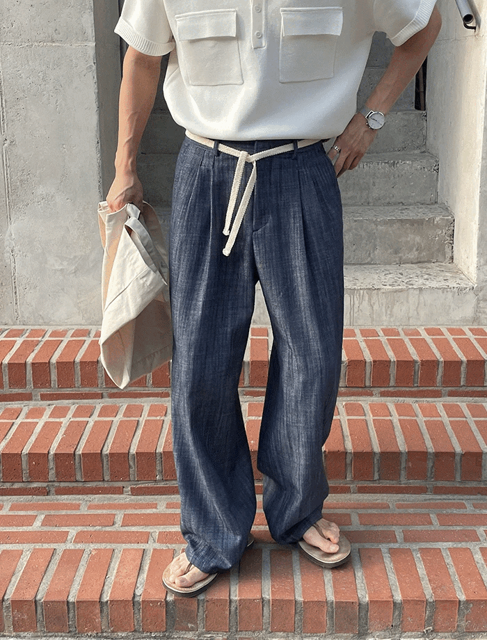 腰帶繩索全棉雙褶半鬆緊休閒褲