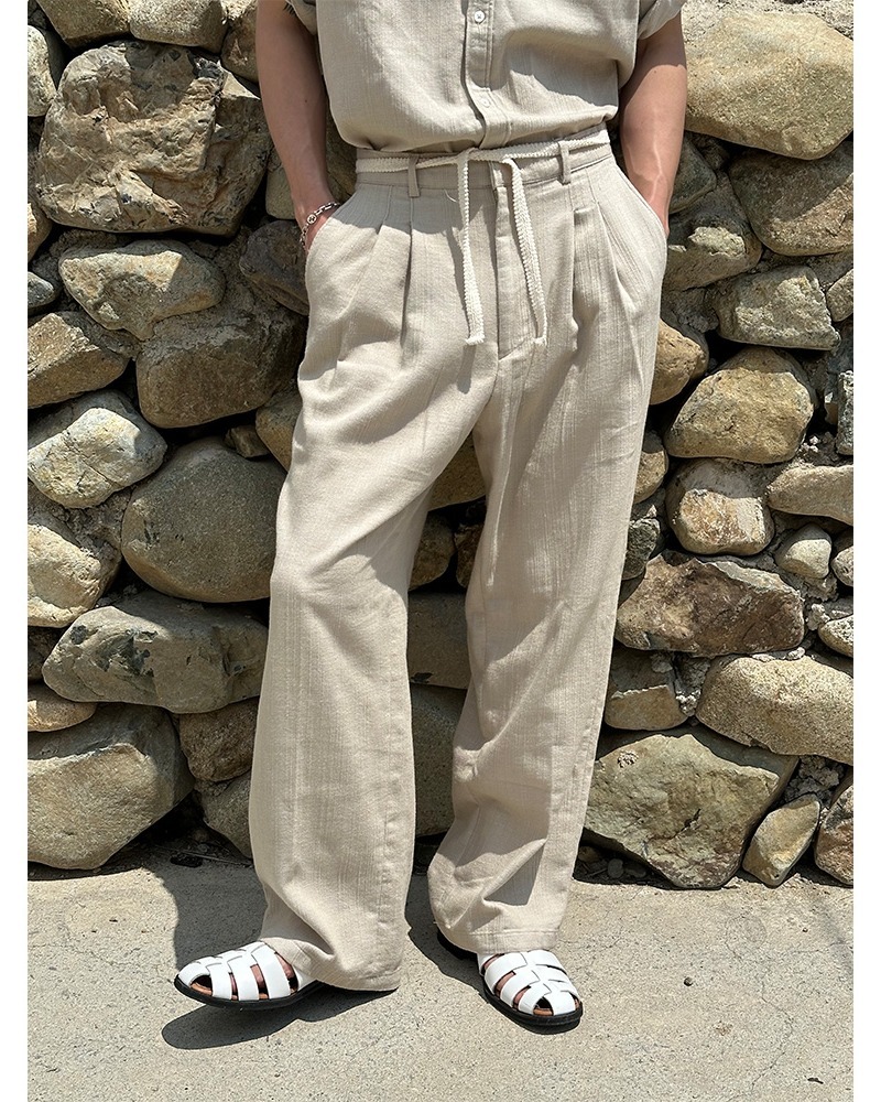 腰帶繩索全棉雙褶半鬆緊休閒褲