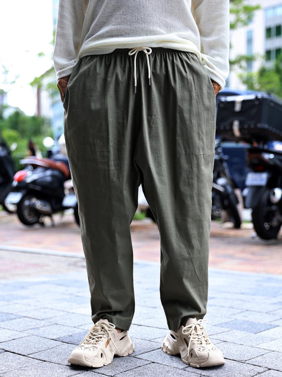 亞麻彈力休閒褲