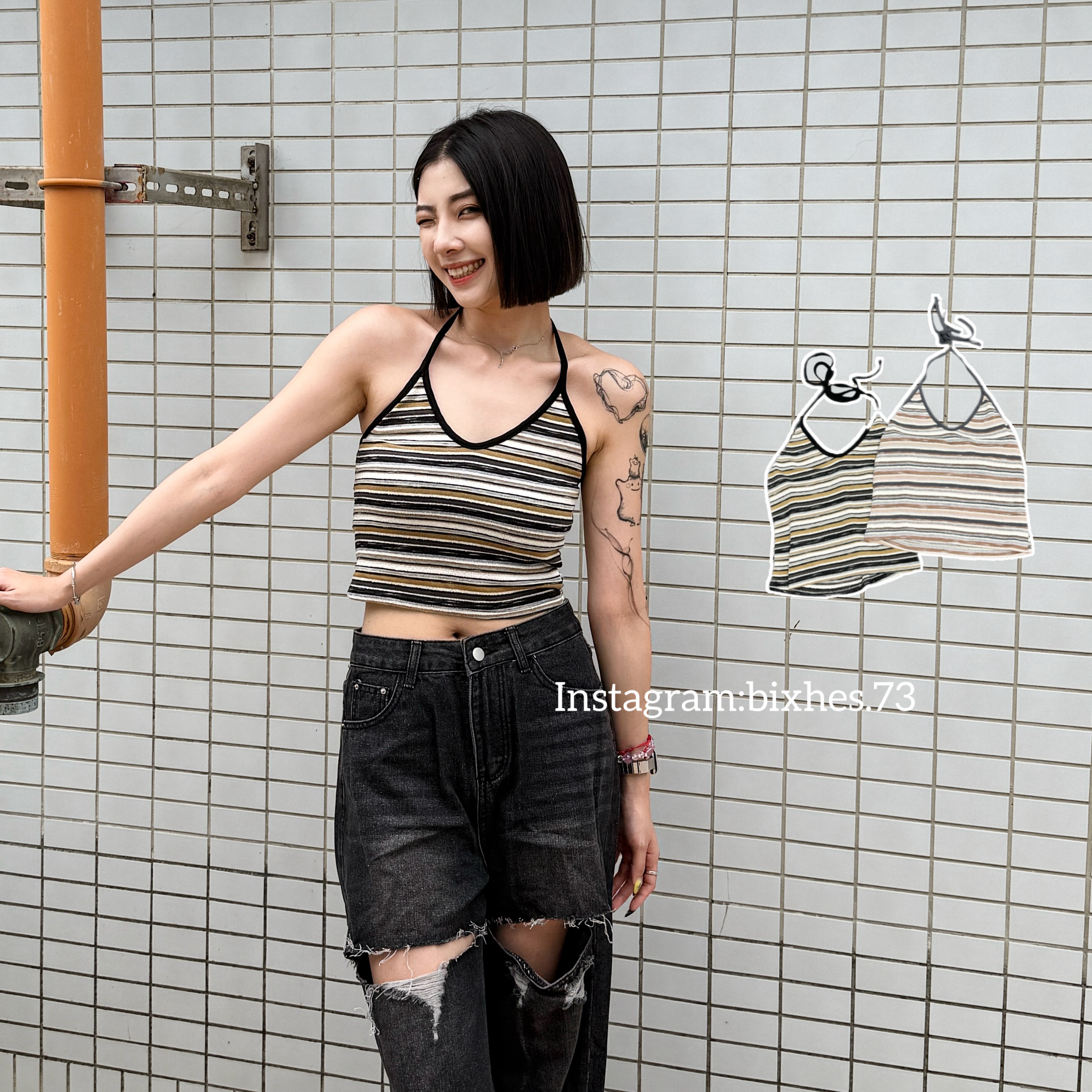 美式多彩條紋綁帶背心(C00096)