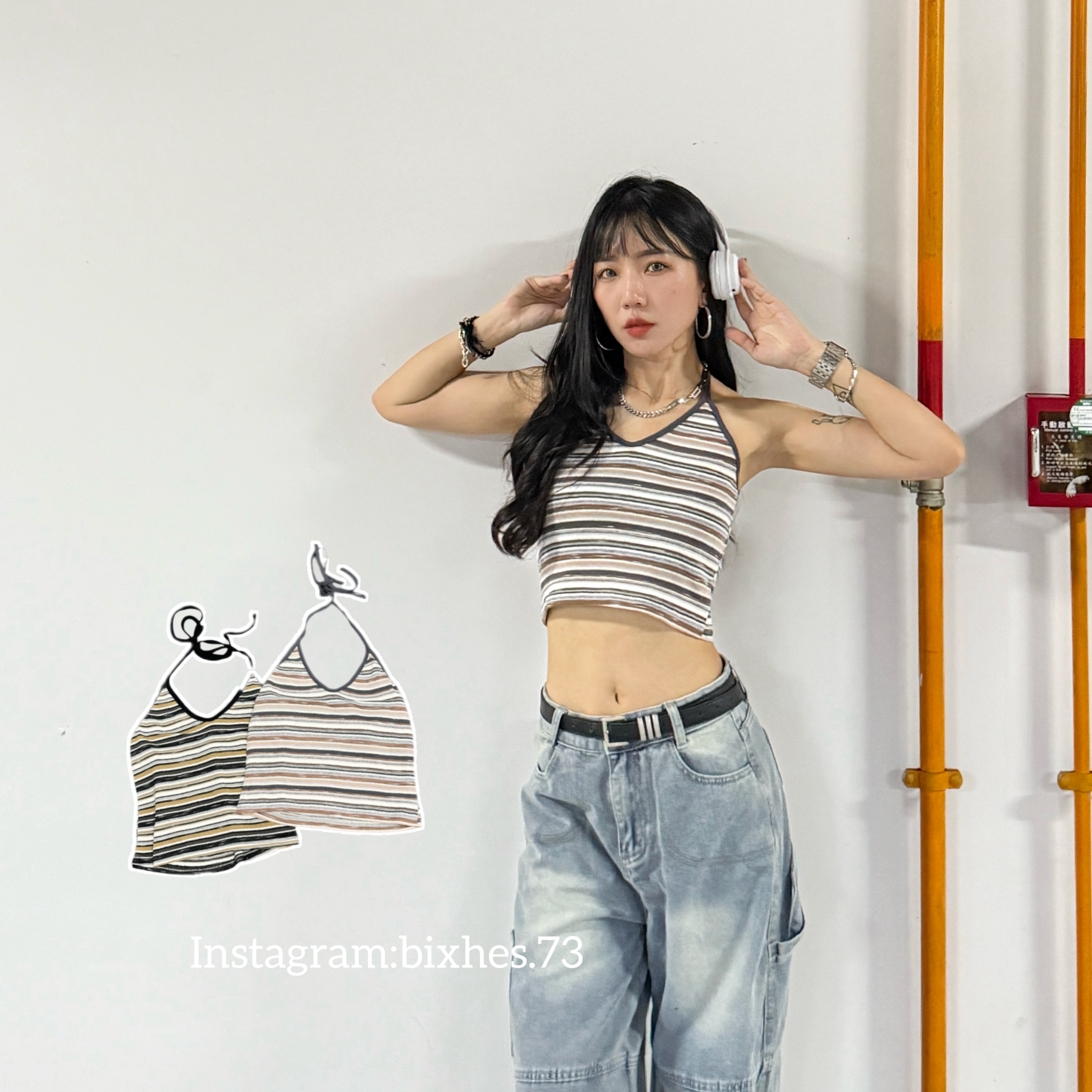 美式多彩條紋綁帶背心(C00096)