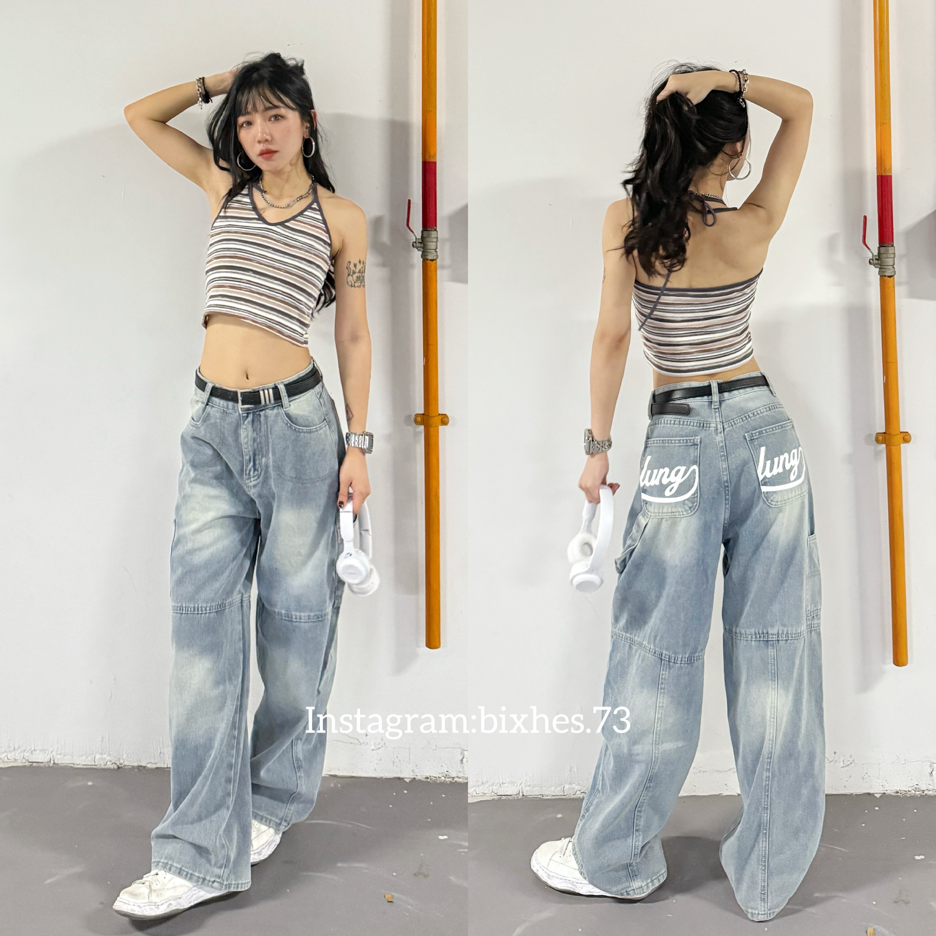 美式淺藍背字工裝牛仔褲(E00041)