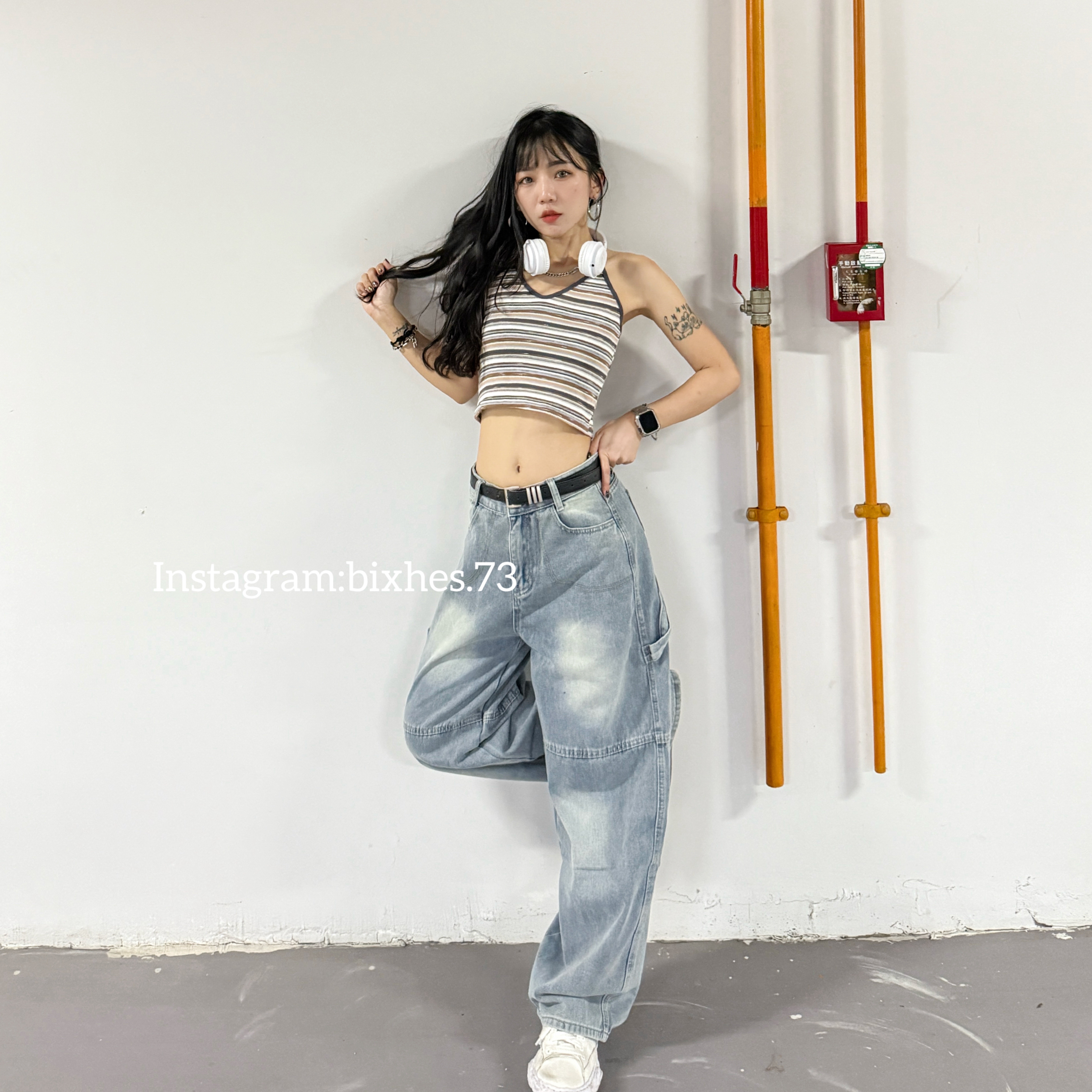 美式淺藍背字工裝牛仔褲(E00041)