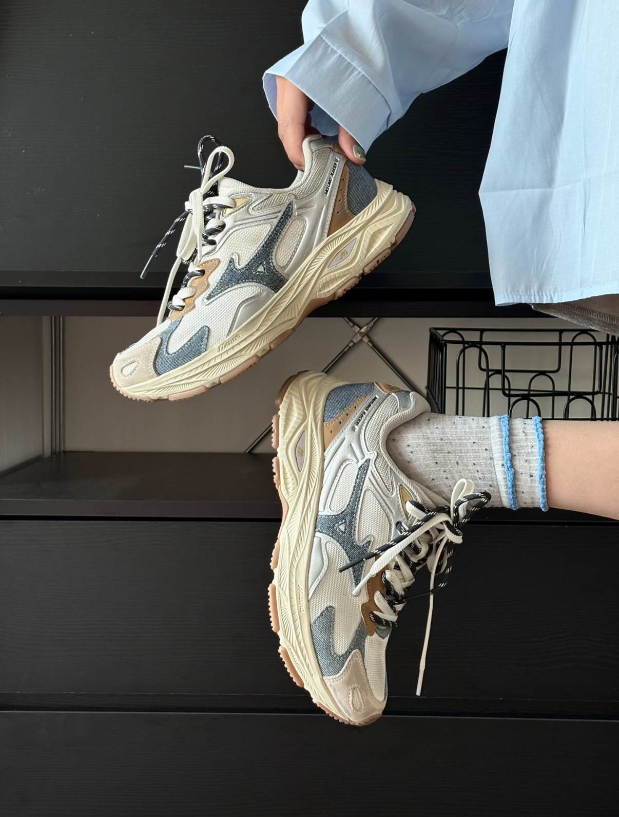 MIZUNO 美津濃 Racer S 牛仔拼接 牛仔藍 卡其棕 銀色 丹寧風 作舊復古 慢跑鞋 老爹鞋 D1GH253501/預購