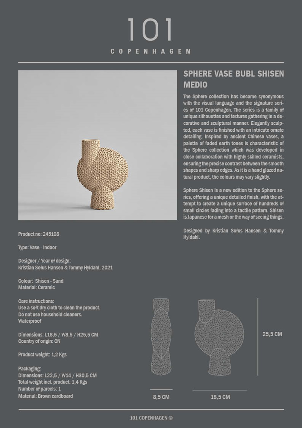 丹麥 101 COPENHAGEN 泡泡花瓶小號尺寸的原文介紹，以及長寬高尺寸標記