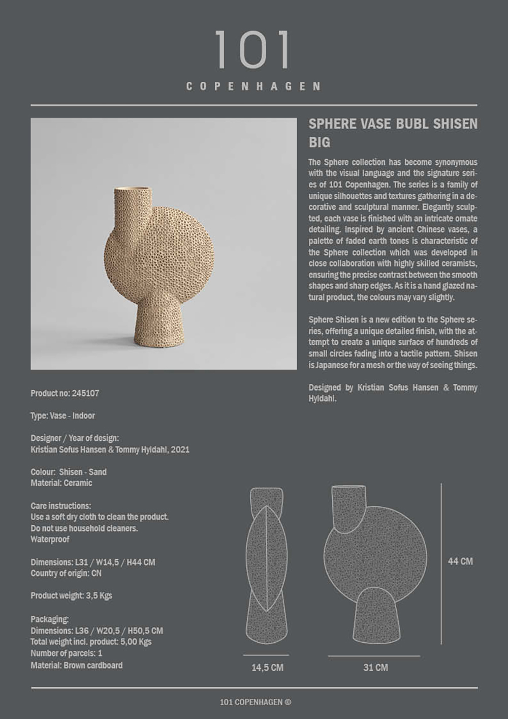 丹麥 101 COPENHAGEN 泡泡花瓶大號尺寸的原文介紹，以及長寬高尺寸標記