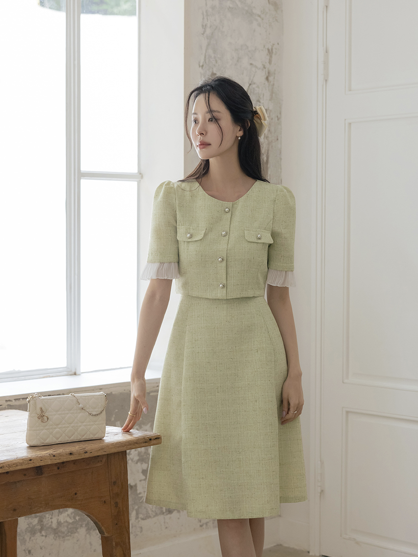 [現貨] Rachel 假兩件風琴褶袖洋裝 [ 薄荷色 / M ]