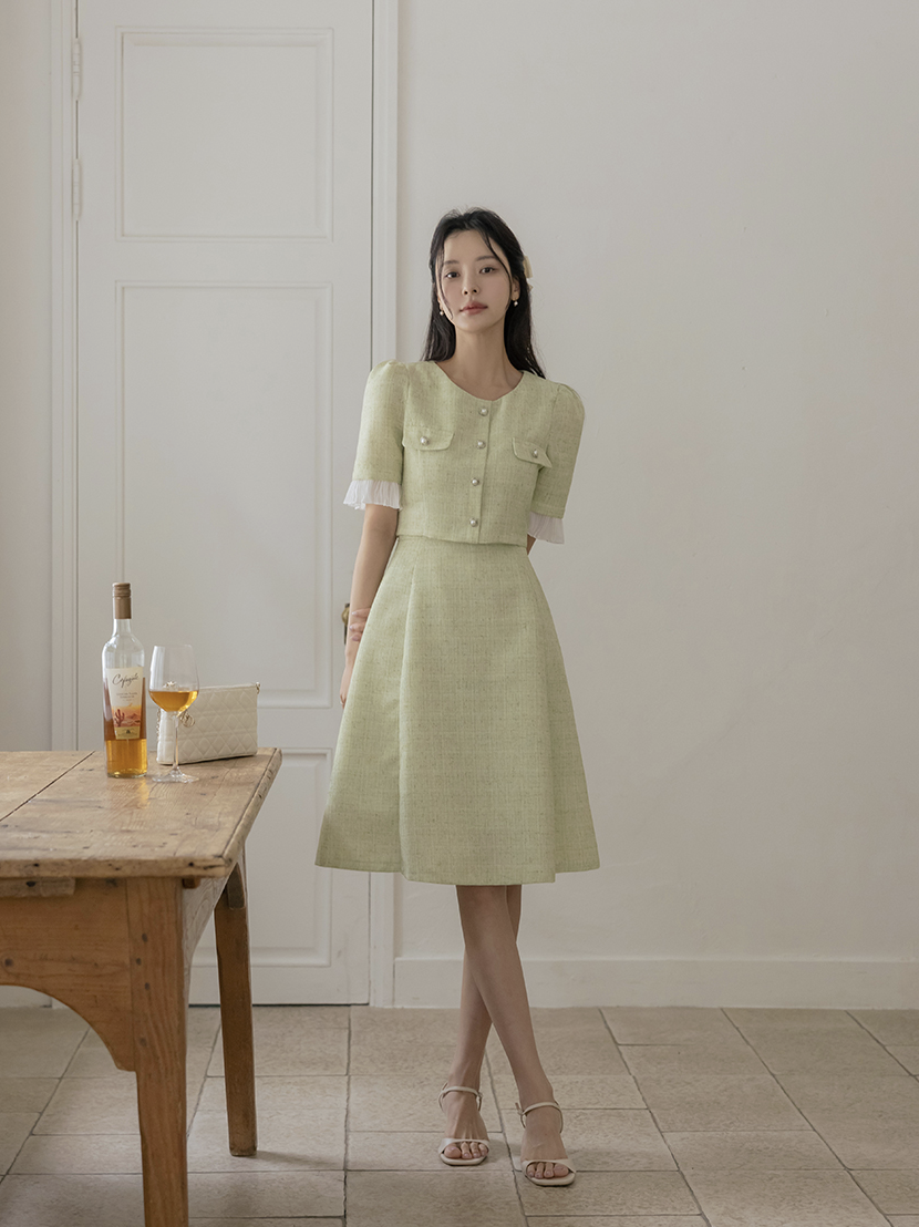 [現貨] Rachel 假兩件風琴褶袖洋裝 [ 薄荷色 / M ]