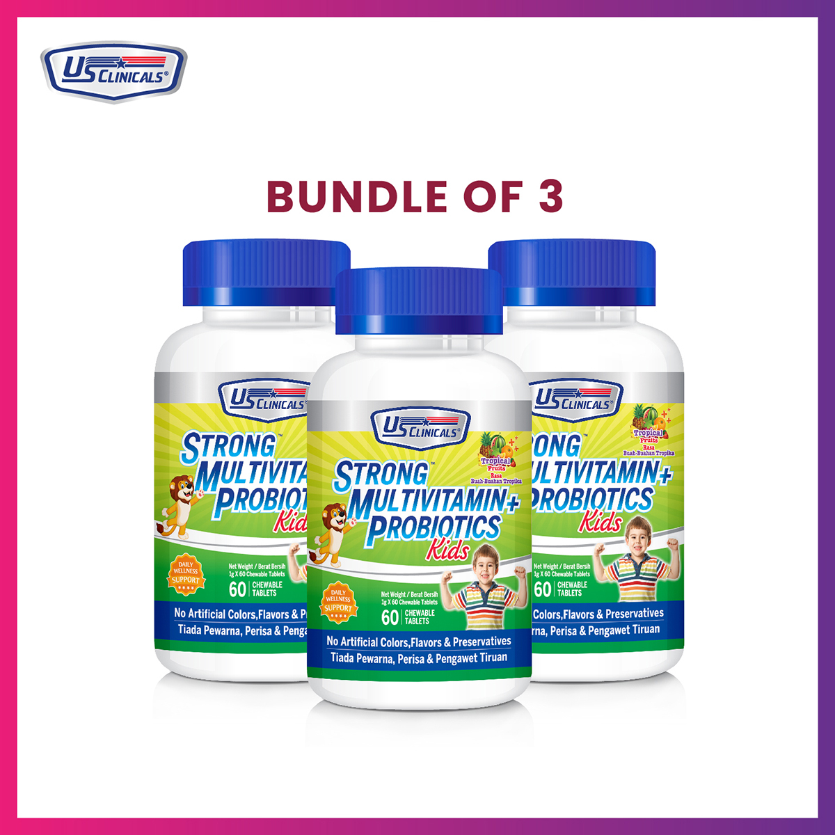 US Clinicals® Strong Multivitamin + Probiotics Kids 60 chewable tablets