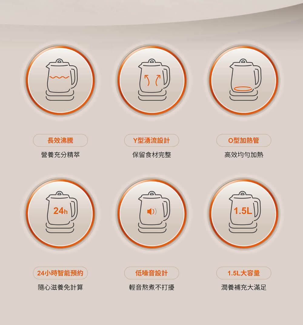 1.長效沸騰：營養充分精萃 2.Y型湧流設計：保留食材完整 3.O型加熱管：高效均勻加熱 4. 24小時智能預約：隨心滋養免計算 5.低噪音設計：輕音熬煮不打擾 6. 1.5L大容量：潤養補充大滿足