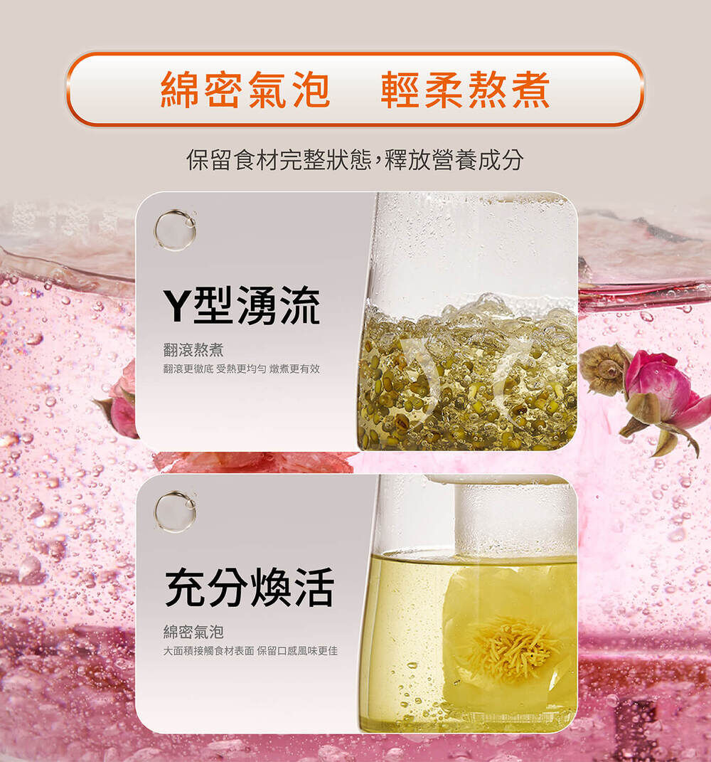 【綿密氣泡 輕柔熬煮】保留食材完整狀態，釋放營養成分。【Y型湧流】：翻滾熬煮，翻滾更徹底；受熱更均勻；燉煮更有效。【充分煥活】：綿密氣泡，大面積接觸食材表面，保留口感風味更佳。