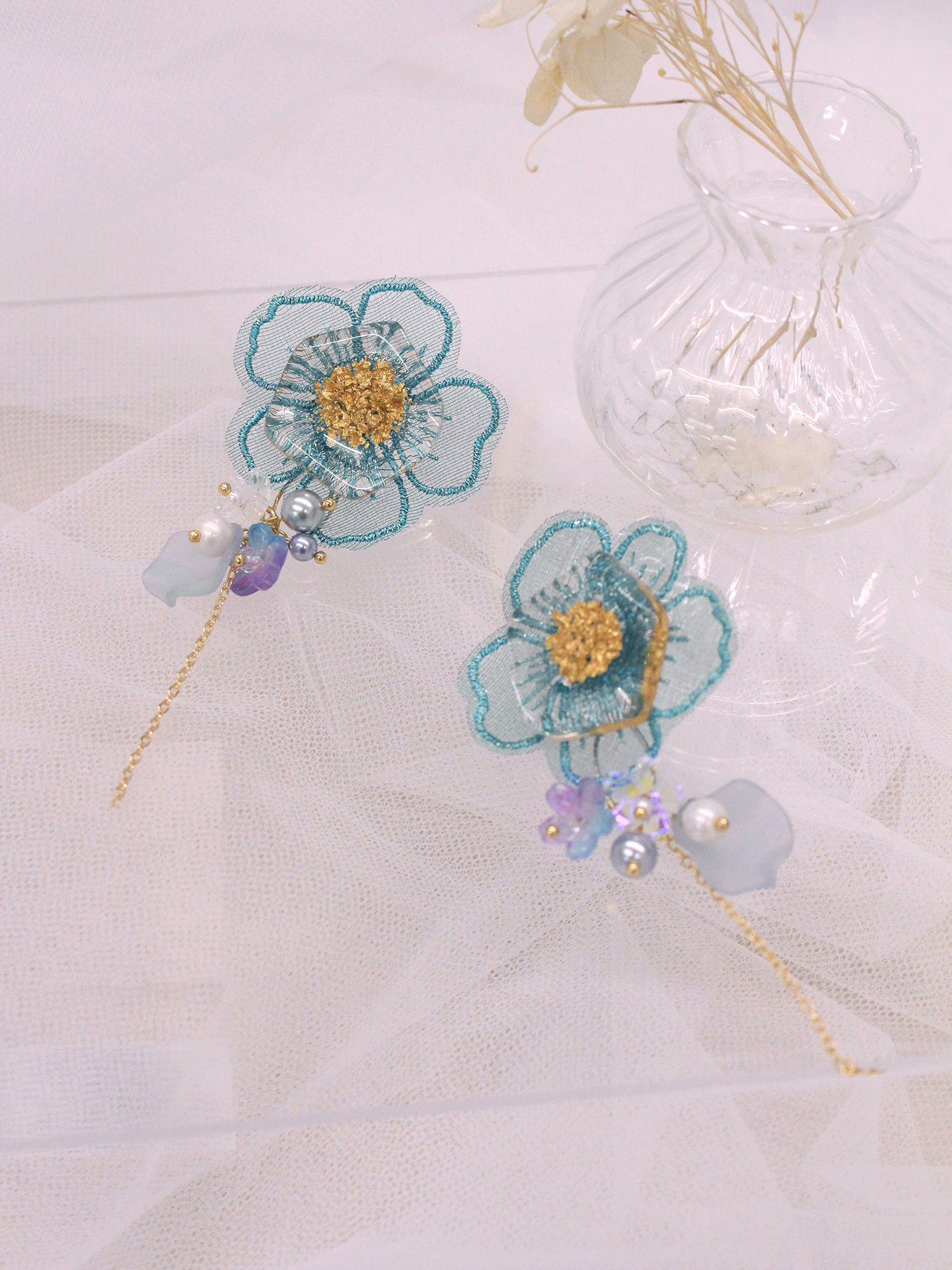 盛夏時差。(2way)MUCHAT手作14KGP珍珠透彩小花純銀針耳環