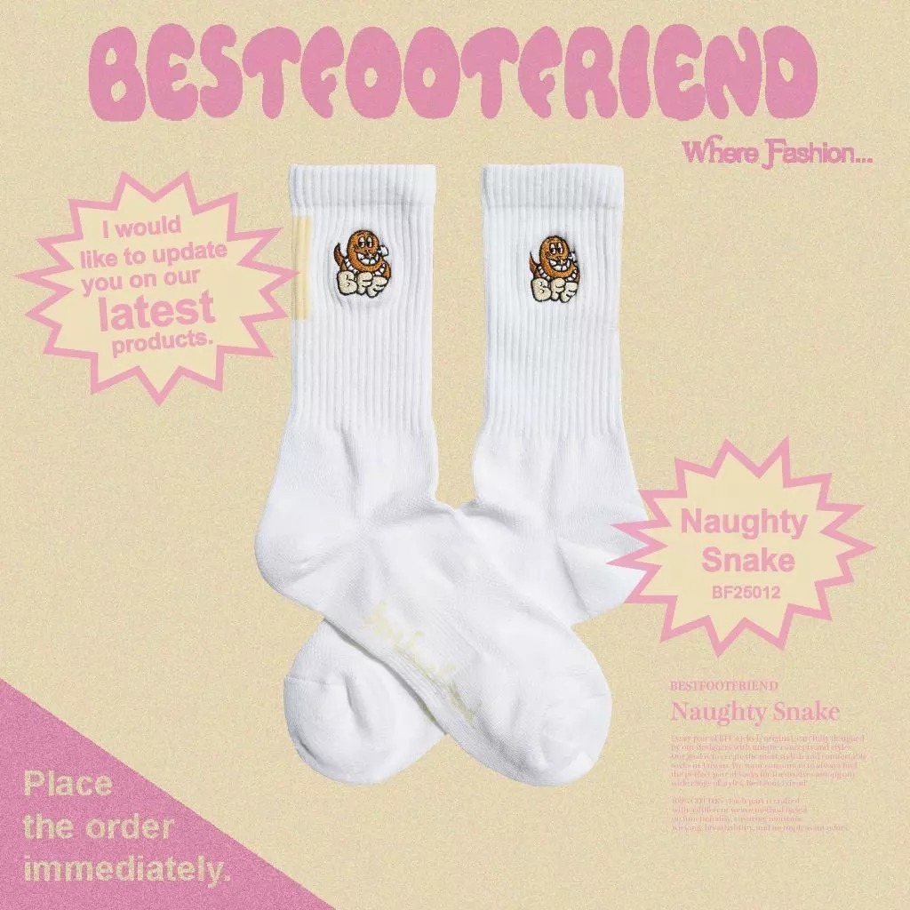 BFF Symptom Naughty Snake 白粉 白磺 頑皮蛇 刺繡 中筒襪 長襪【BF25012】
