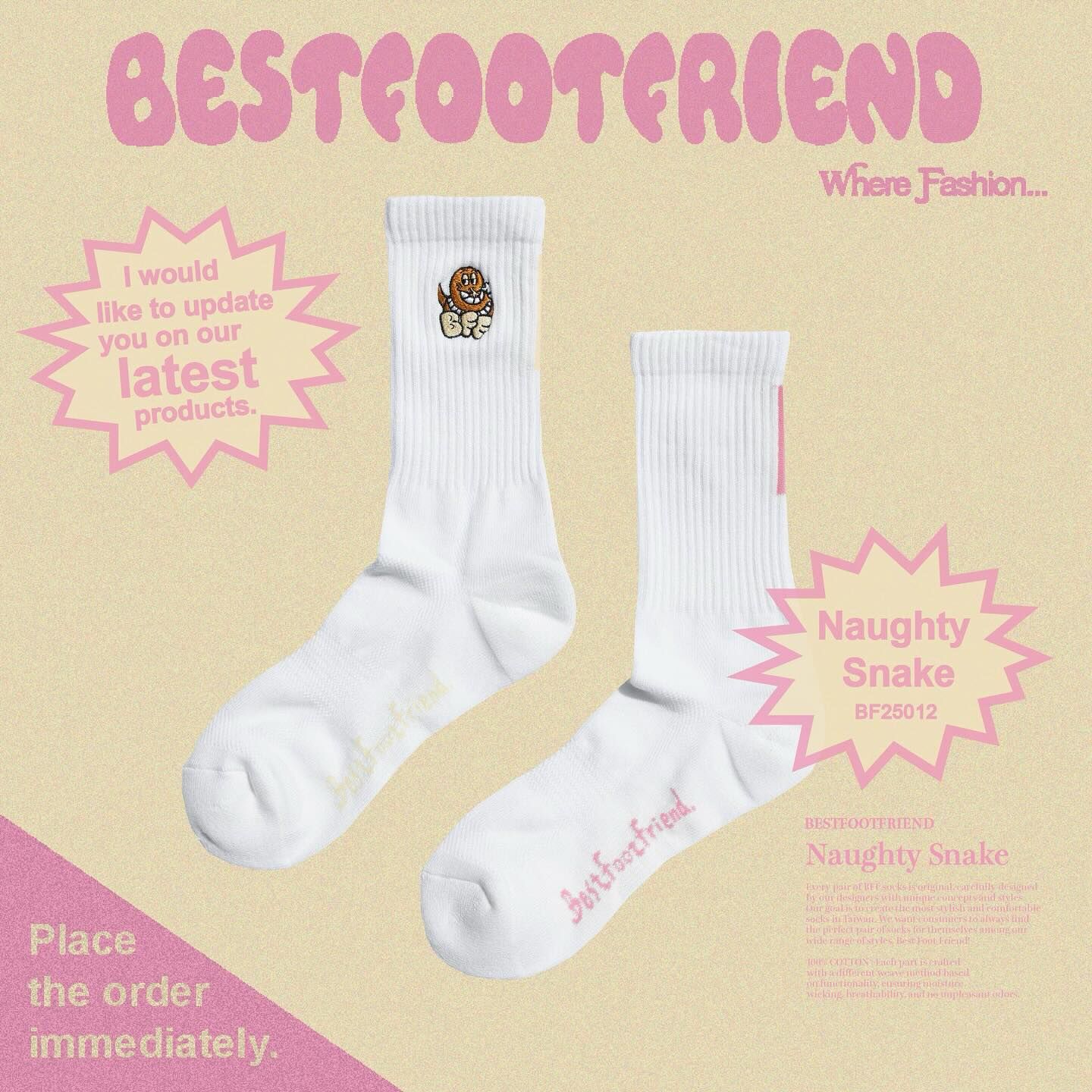 BFF Symptom Naughty Snake 白粉 白磺 頑皮蛇 刺繡 中筒襪 長襪【BF25012】