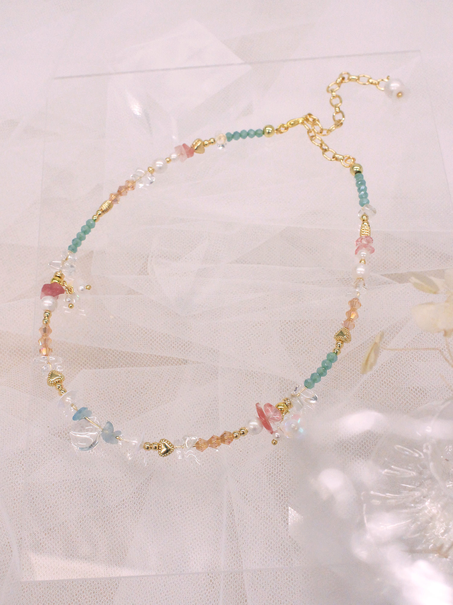 世界喜歡芮比。MUCHAT手作14KGP西瓜晶海藍寶珠花項鍊