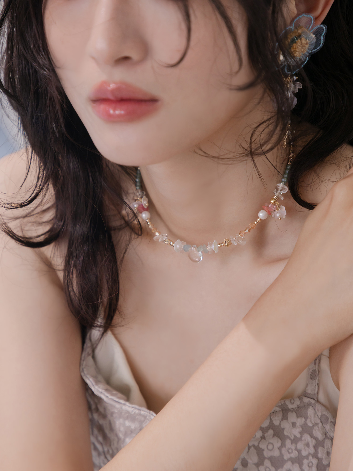 世界喜歡芮比。MUCHAT手作14KGP西瓜晶海藍寶珠花項鍊